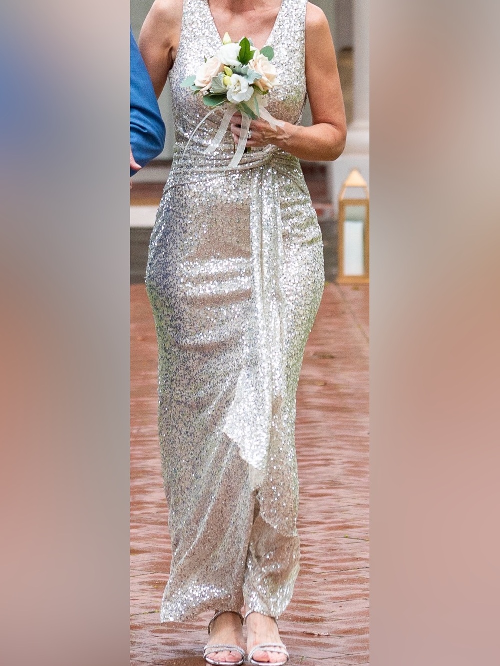 Vince Camuto Champagne Sequin Draped Evening Gown